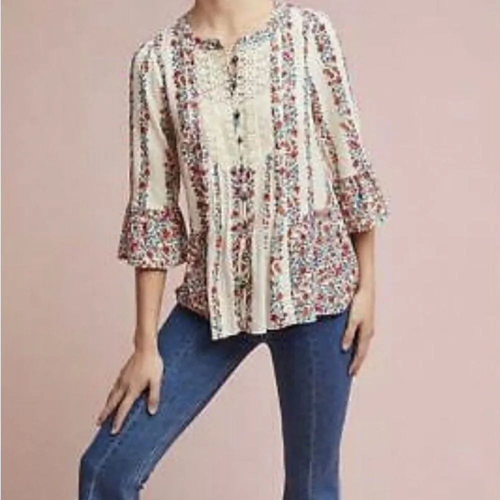 Anthropologie Maeve Floral Hiver Ivory Blouse Lace Button up Top Women's Size 6